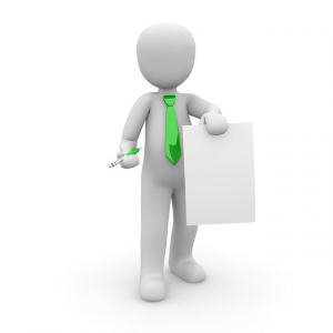 An insurance agent with a policy contract.