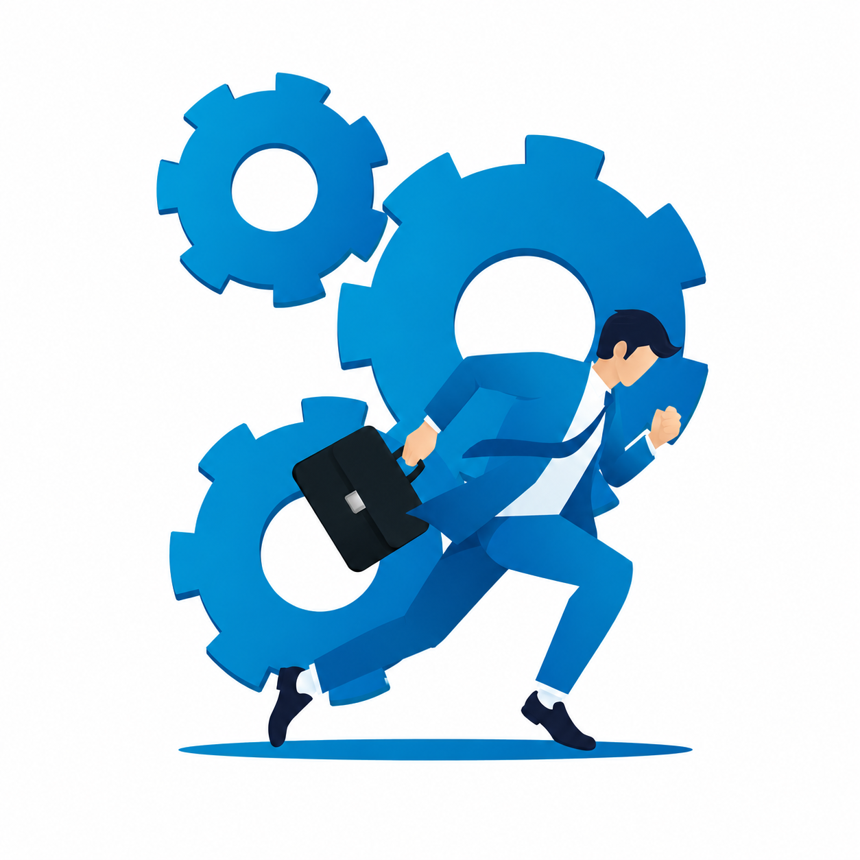 group life insurance employment japan Business professional running beside gears, representing employer-provided group life insurance in Japan.